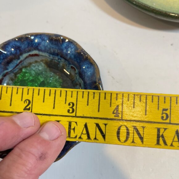 Handcrafted 2 piece Blue & Green Ceramic Dishes one with Fused Glass Center - Picture 9 of 9